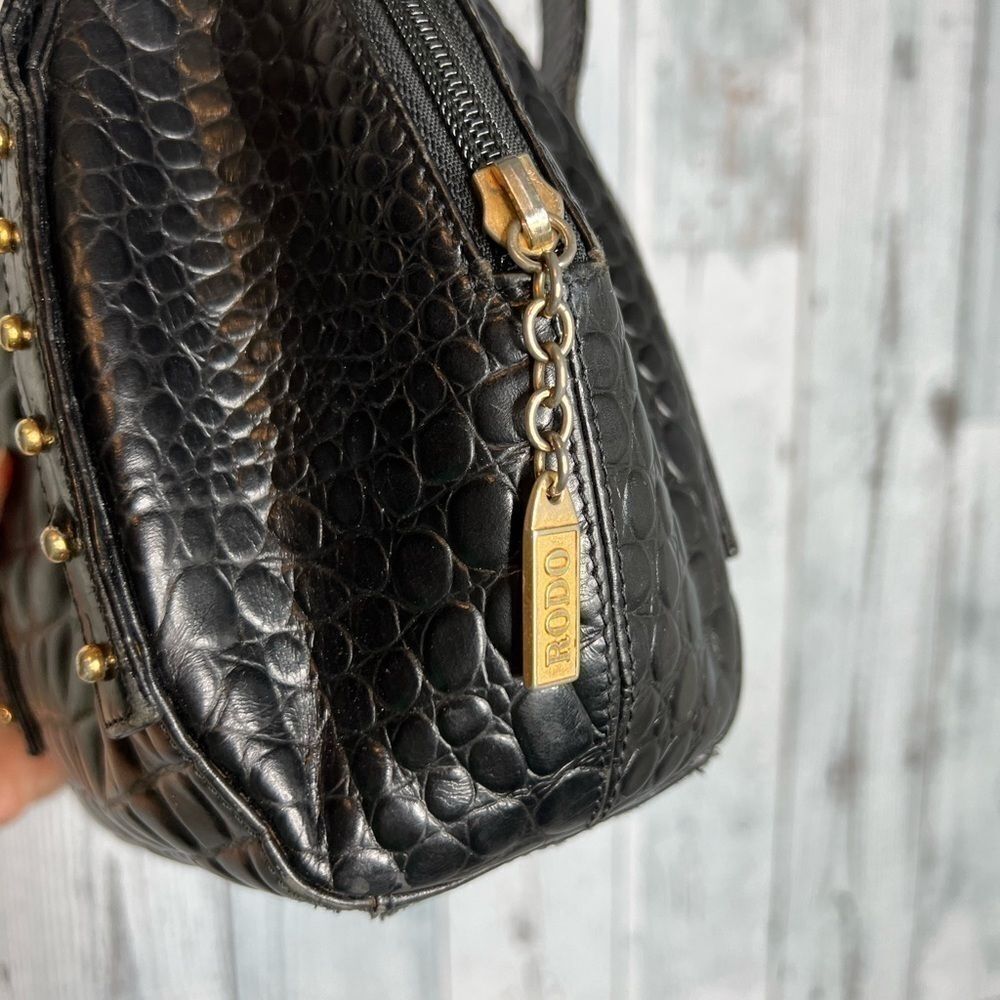 Rodo Vintage Black Croc Embossed Leather Studded Bowler Bag Classy Luxurious - Picture 4 of 9